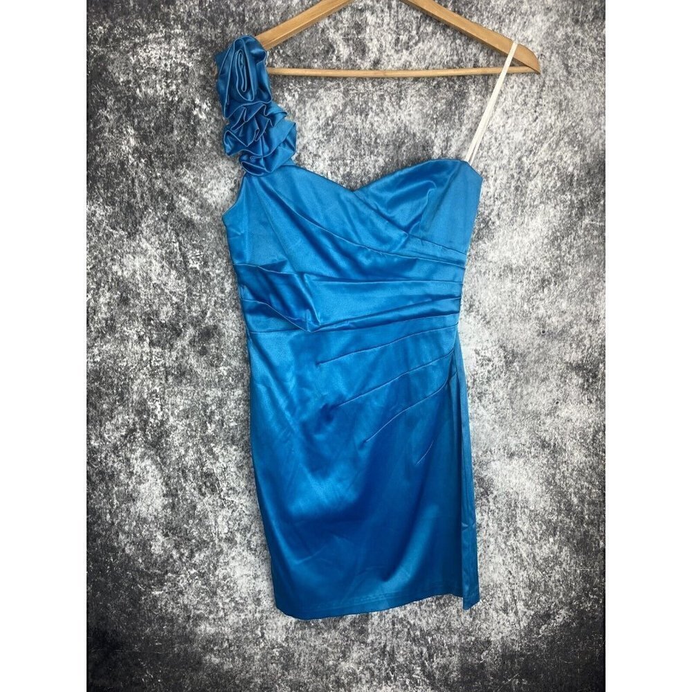 Bloom Blue‎ Satin Flower Ruched One Shoulder Formal Dress Women's Juniors Medium